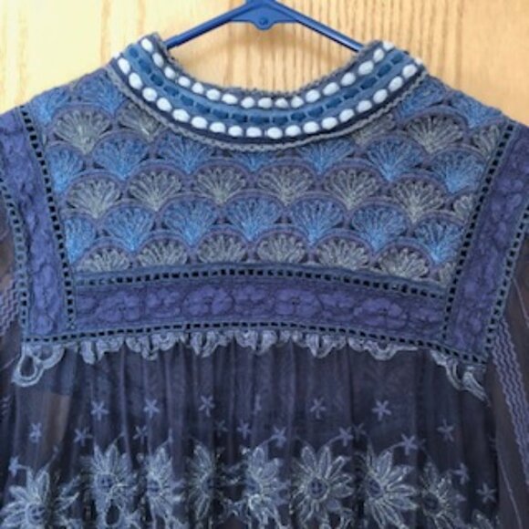 Anthropologie Blank London Boho Dark Blue Textured Collared Sheer Blouse Small - Picture 7 of 9